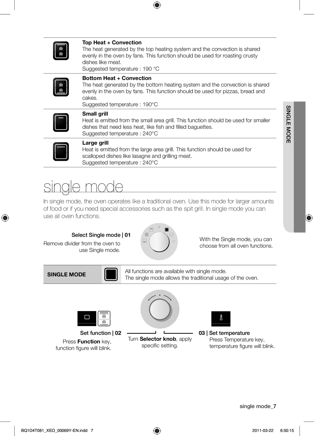 Samsung BQ1D4T081/XEO manual Single mode, Single Mode 