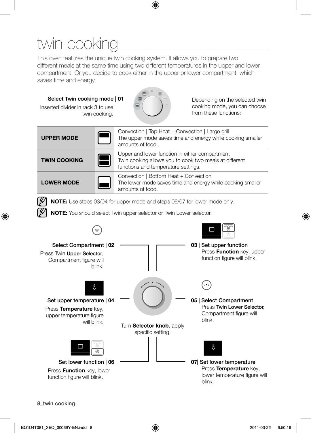 Samsung BQ1D4T081/XEO manual Twin cooking, Press Temperature key 