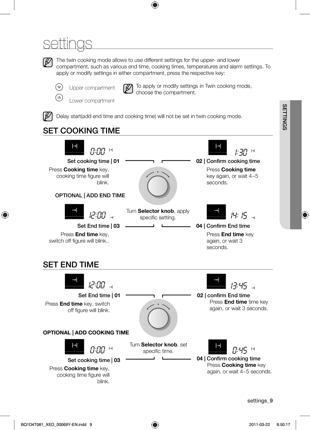 Samsung BQ1D4T081/XEO manual Settings, Set cooking time, Set end time, Optional ADD Cooking Time 