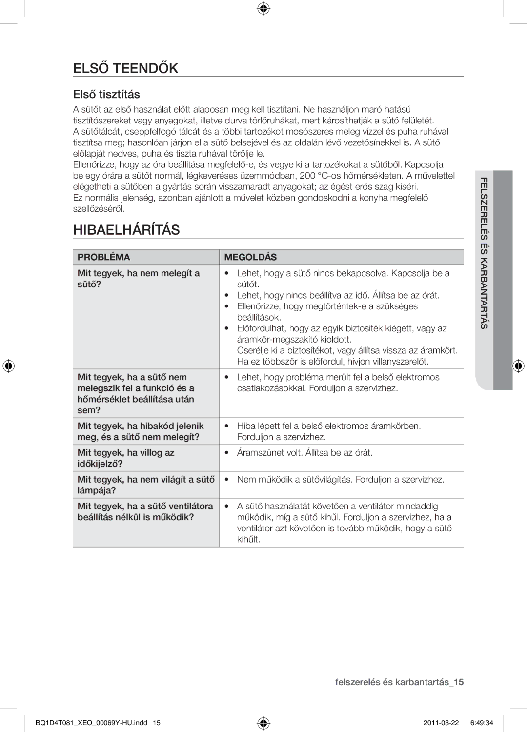 Samsung BQ1D4T081/XEO manual Első teendők, Hibaelhárítás, Első tisztítás, Probléma Megoldás 