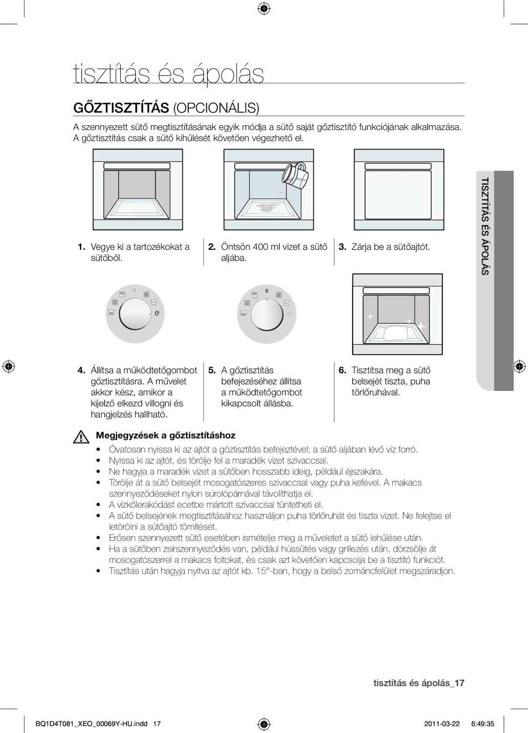 Samsung BQ1D4T081/XEO manual Tisztítás és ápolás, Gőztisztítás opcionális, Megjegyzések a gőztisztításhoz 