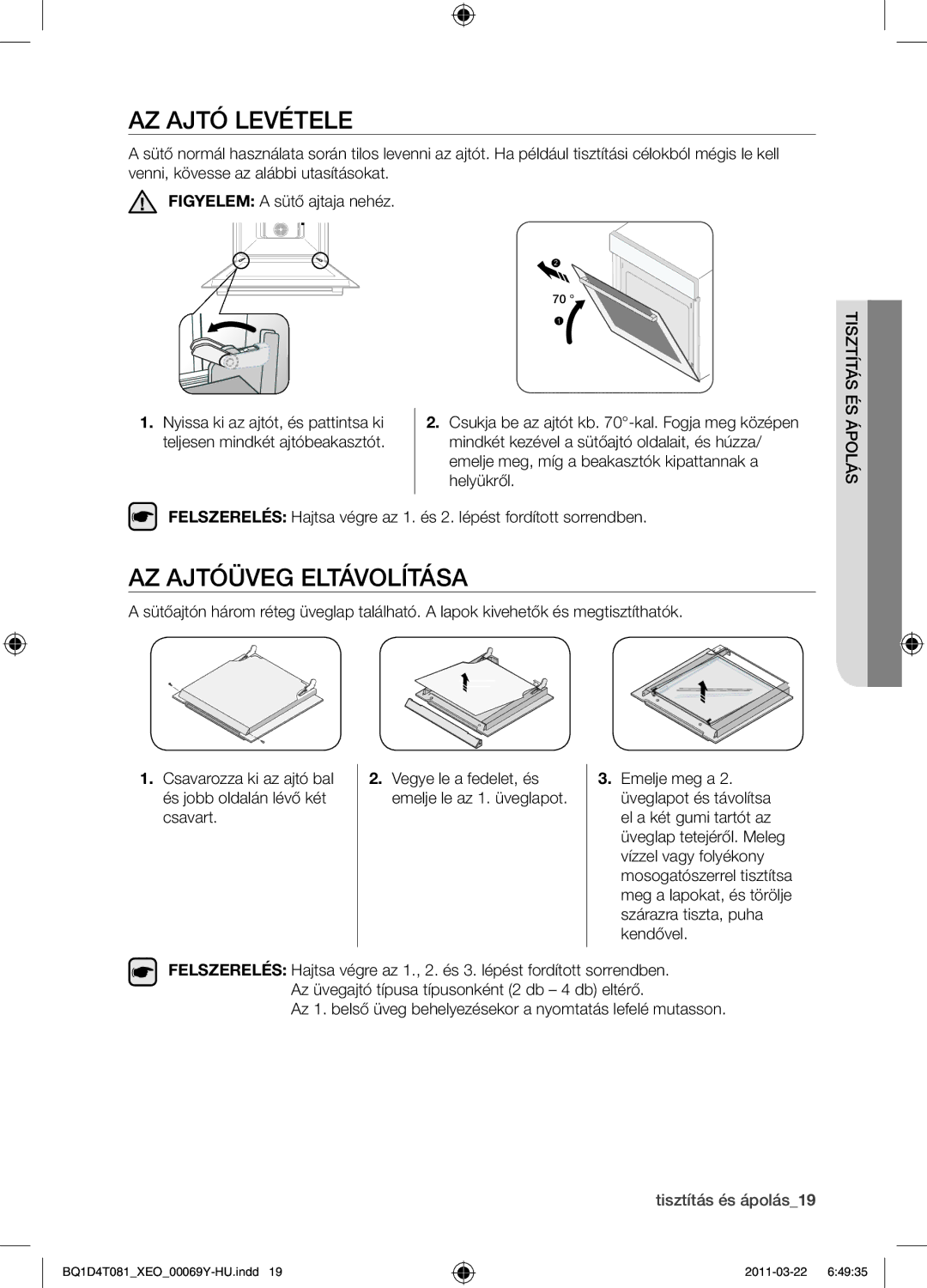 Samsung BQ1D4T081/XEO manual Az ajtó levétele, Az ajtóüveg eltávolítása 