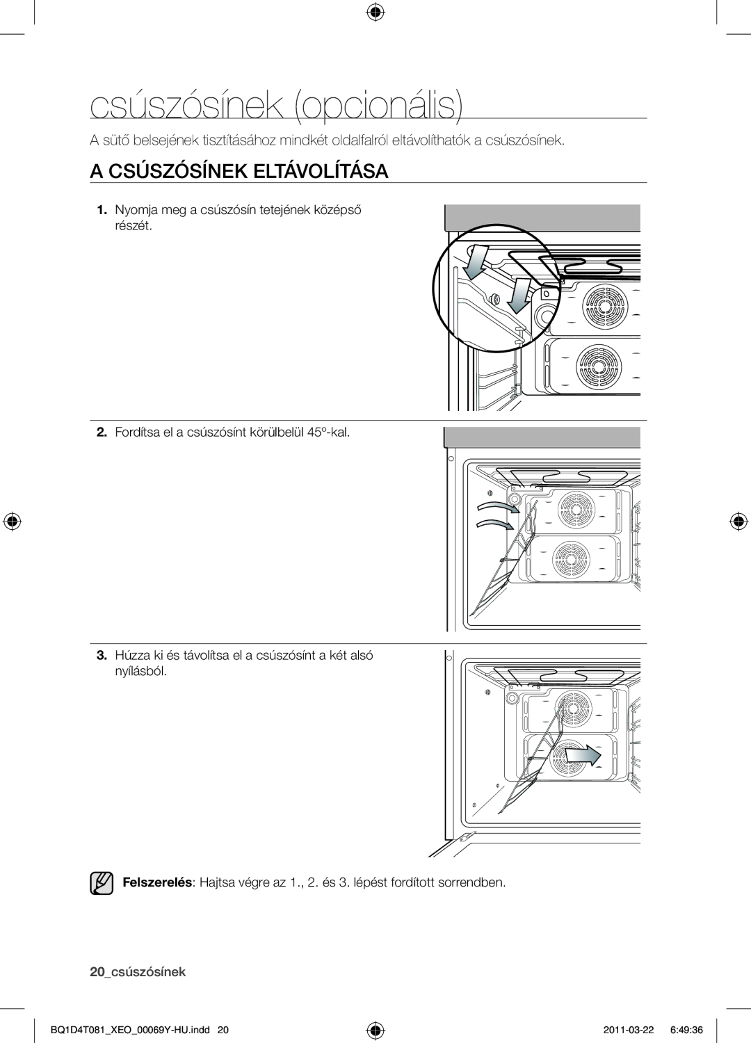 Samsung BQ1D4T081/XEO manual Csúszósínek opcionális, Csúszósínek eltávolítása 