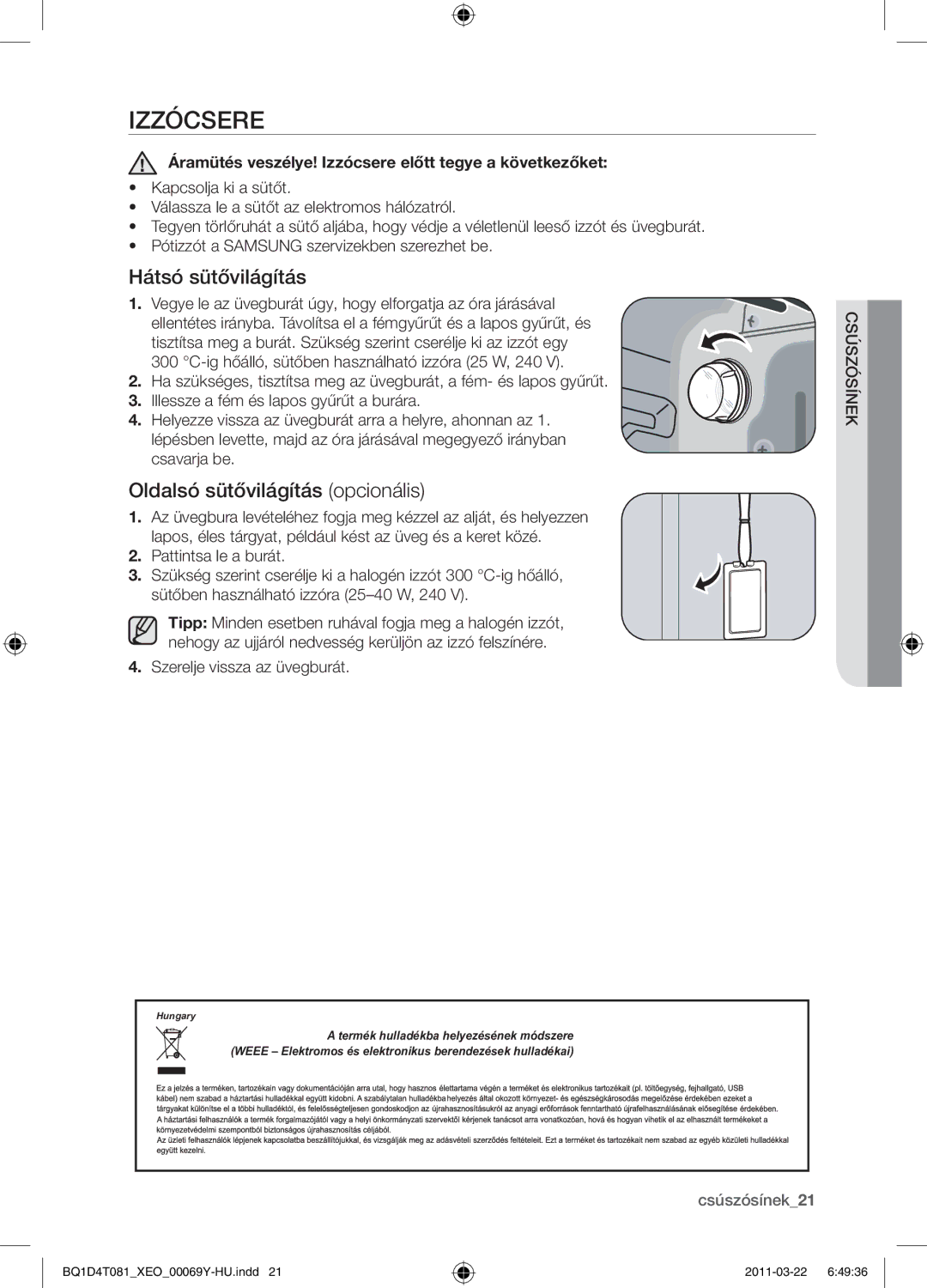 Samsung BQ1D4T081/XEO manual Izzócsere, Hátsó sütővilágítás, Oldalsó sütővilágítás opcionális 