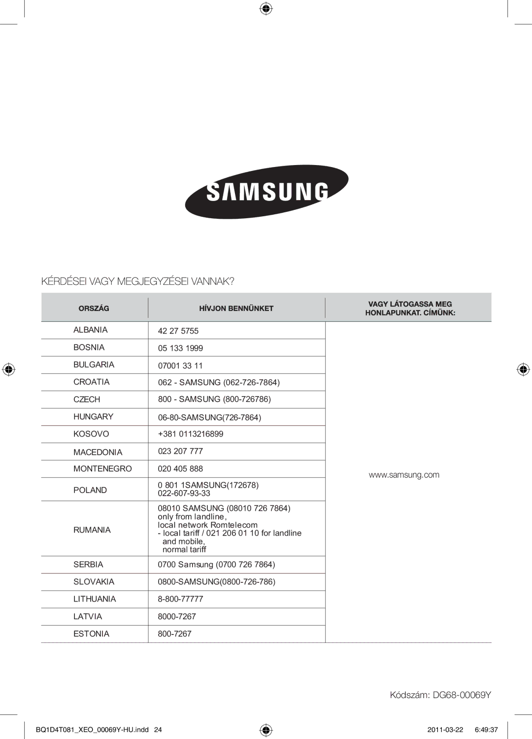 Samsung BQ1D4T081/XEO manual Kódszám DG68-00069Y 