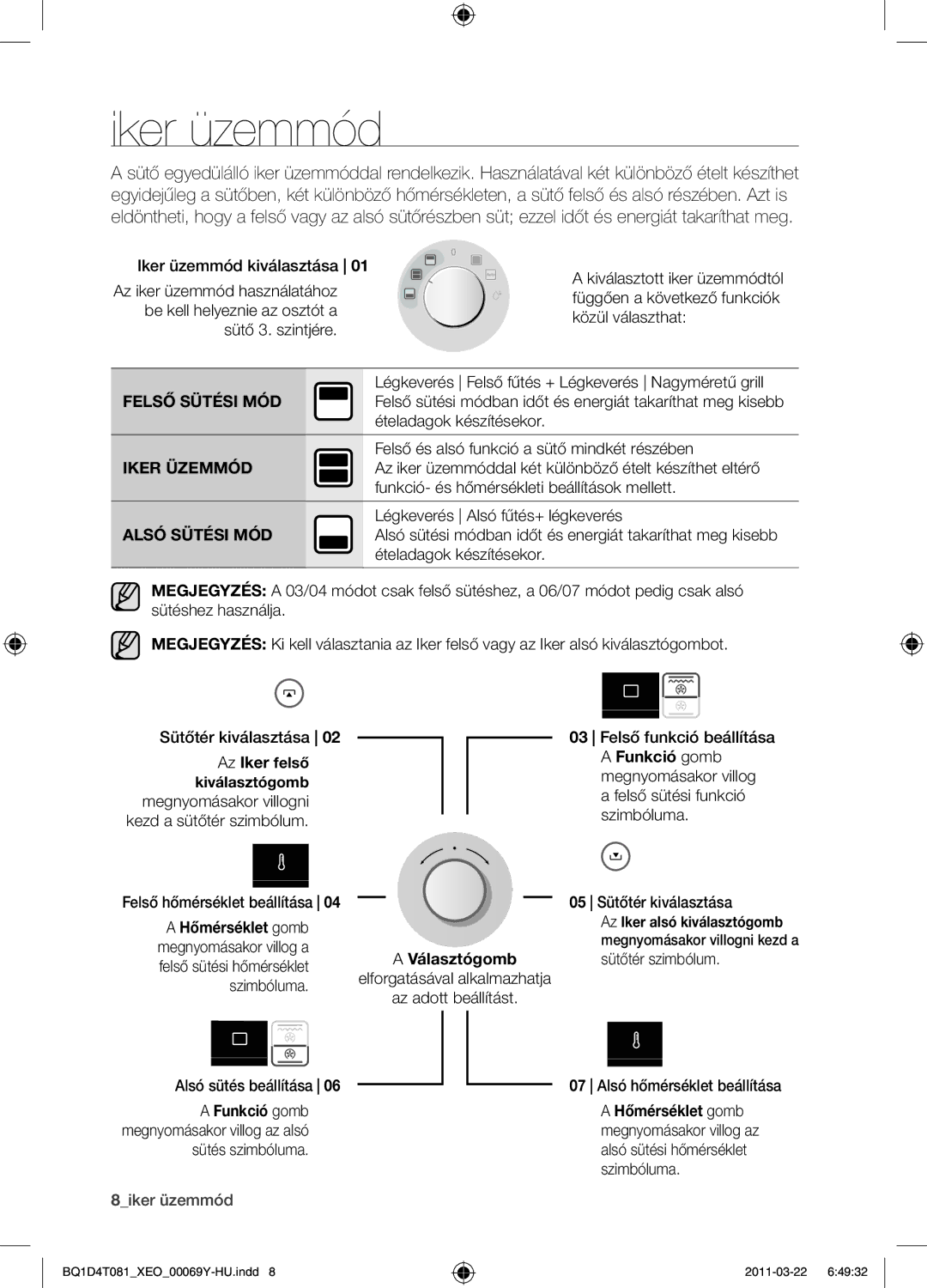 Samsung BQ1D4T081/XEO manual Iker üzemmód, Az Iker felső Funkció gomb, Funkció gomb Hőmérséklet gomb 