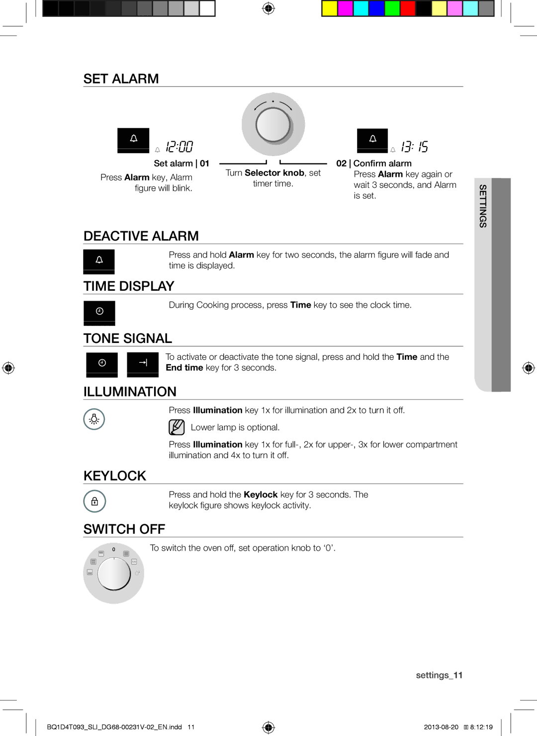 Samsung BQ1D4T093/SLI manual SET Alarm, Deactive Alarm, Time Display, Tone Signal, Illumination, Keylock, Switch OFF 