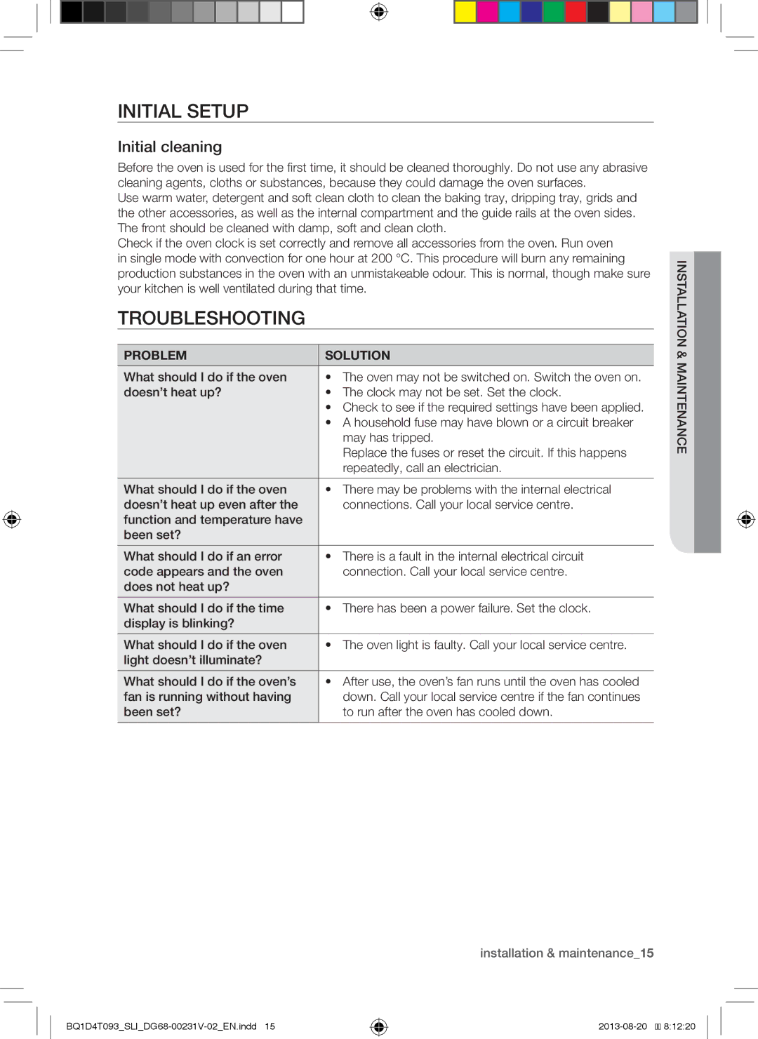 Samsung BQ1D4T093/SLI Initial Setup, Troubleshooting, Initial cleaning, Been set? To run after the oven has cooled down 