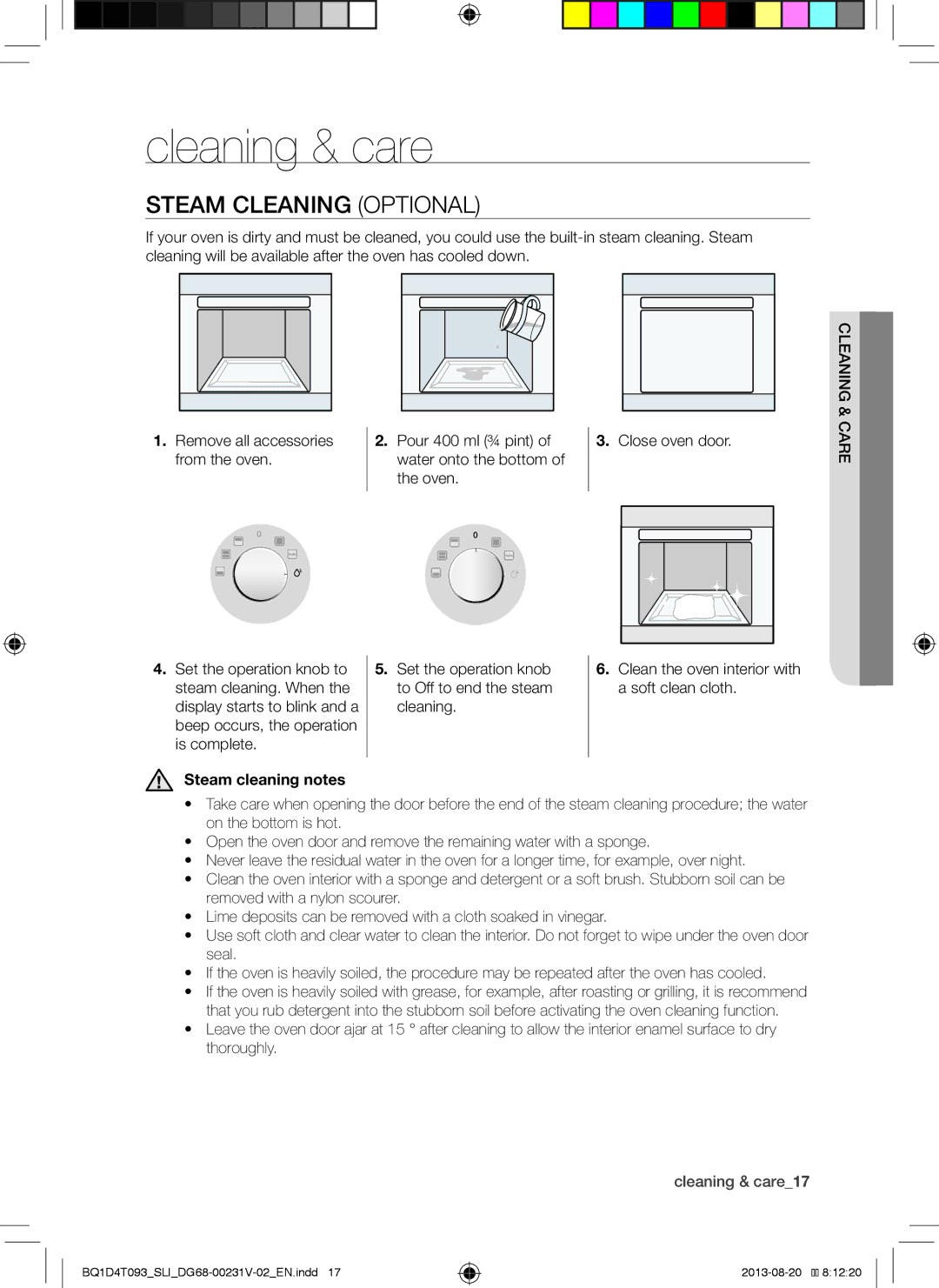 Samsung BQ1D4T093/SLI manual Cleaning & care, Steam Cleaning Optional, Steam cleaning notes 