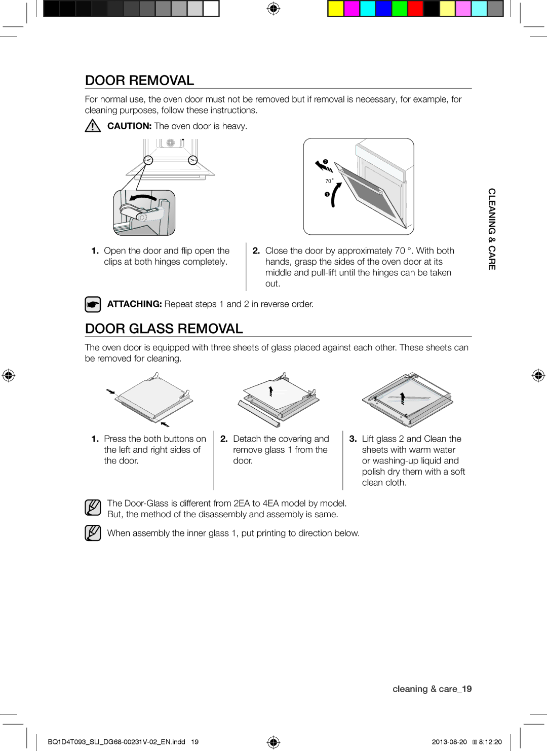 Samsung BQ1D4T093/SLI manual Door Removal, Door Glass Removal, Out, Attaching Repeat steps 1 and 2 in reverse order 