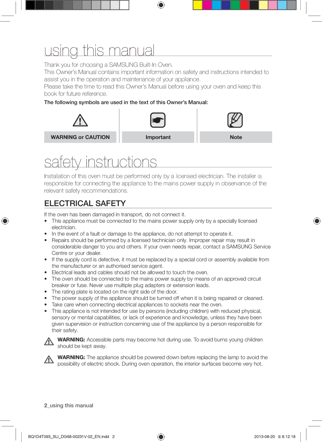 Samsung BQ1D4T093/SLI Using this manual, Safety instructions, Electrical Safety 