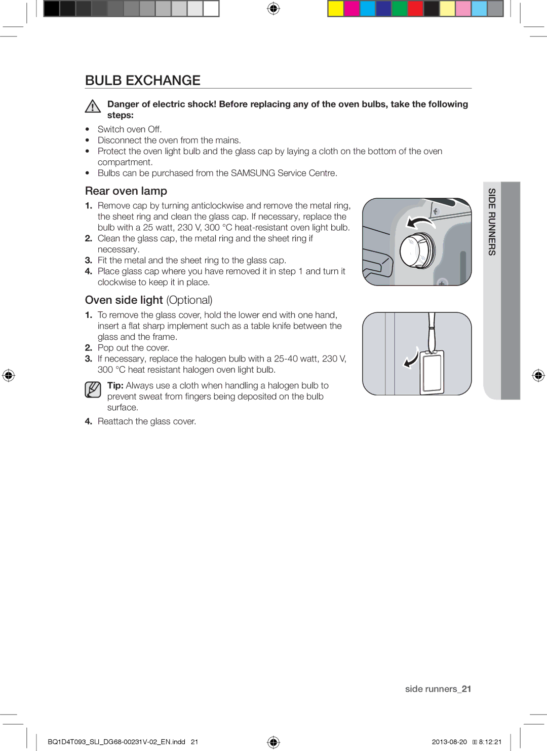 Samsung BQ1D4T093/SLI manual Bulb Exchange, Rear oven lamp, Oven side light Optional, Siderunners 