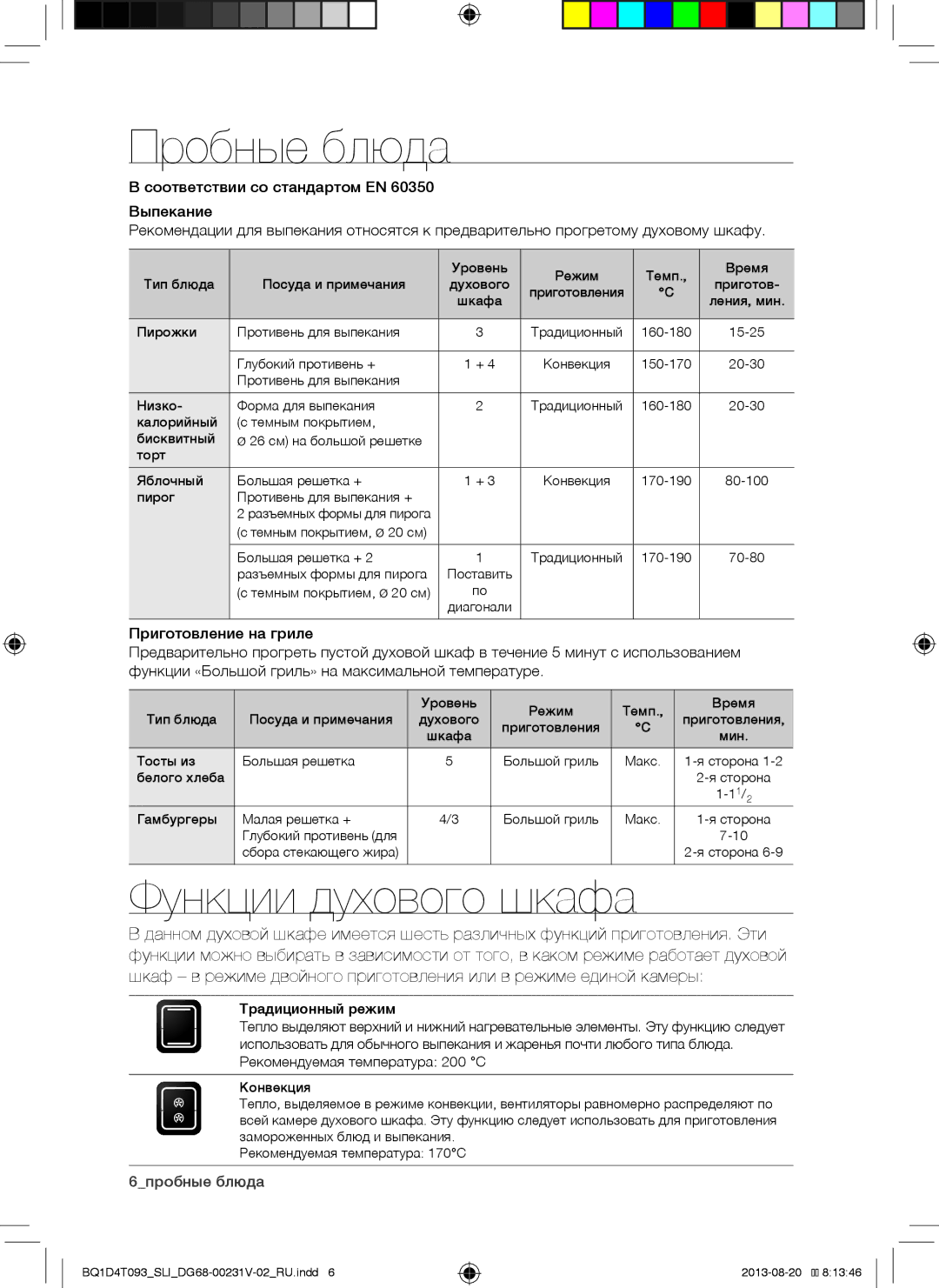 Samsung BQ1D4T093/SLI manual Пробные блюда, Функции духового шкафа 