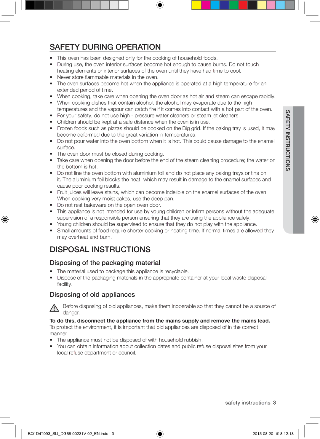 Samsung BQ1D4T093/SLI manual Safety During Operation, Disposal Instructions, Disposing of the packaging material 