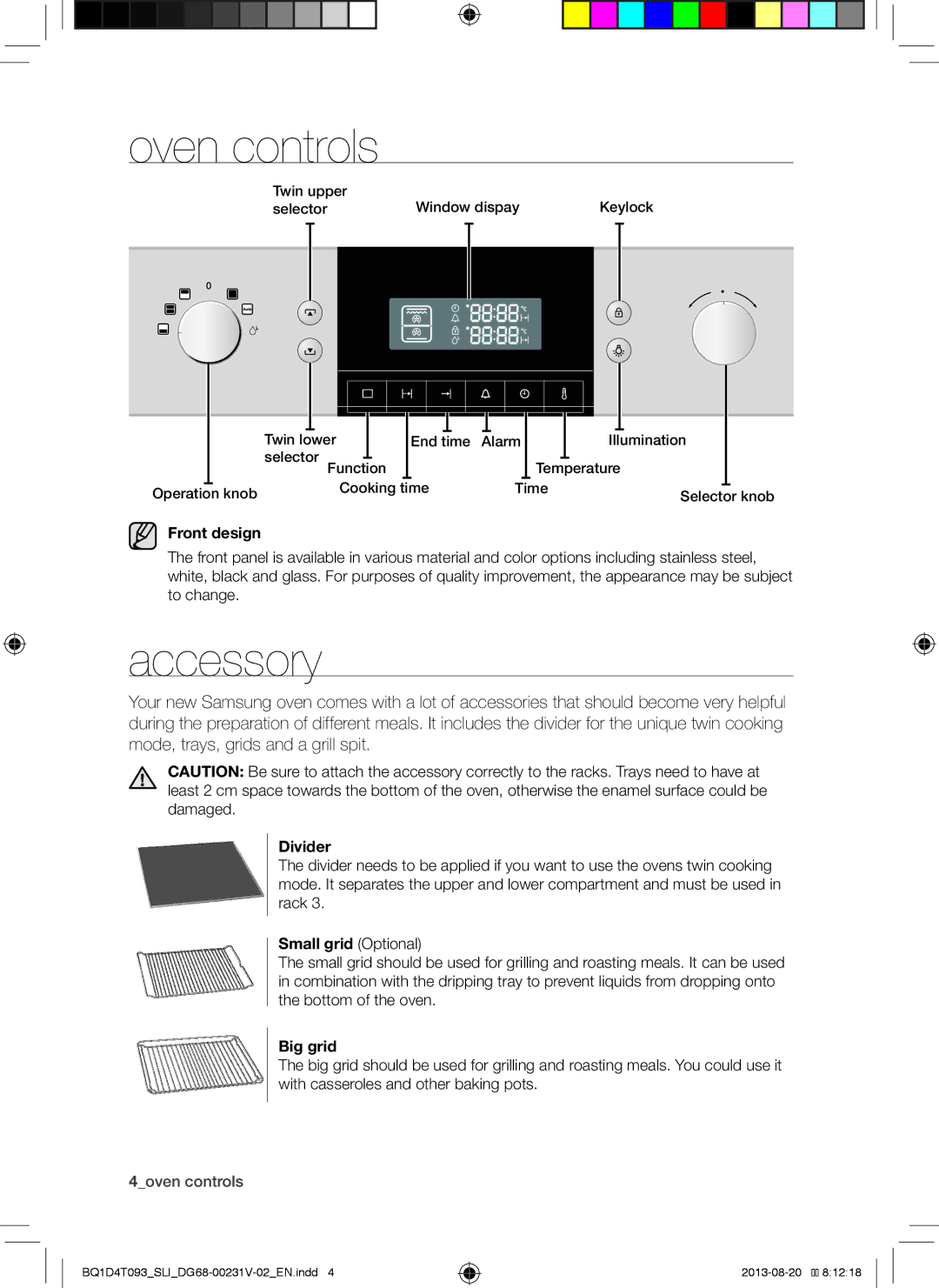 Samsung BQ1D4T093/SLI manual Oven controls, Accessory 