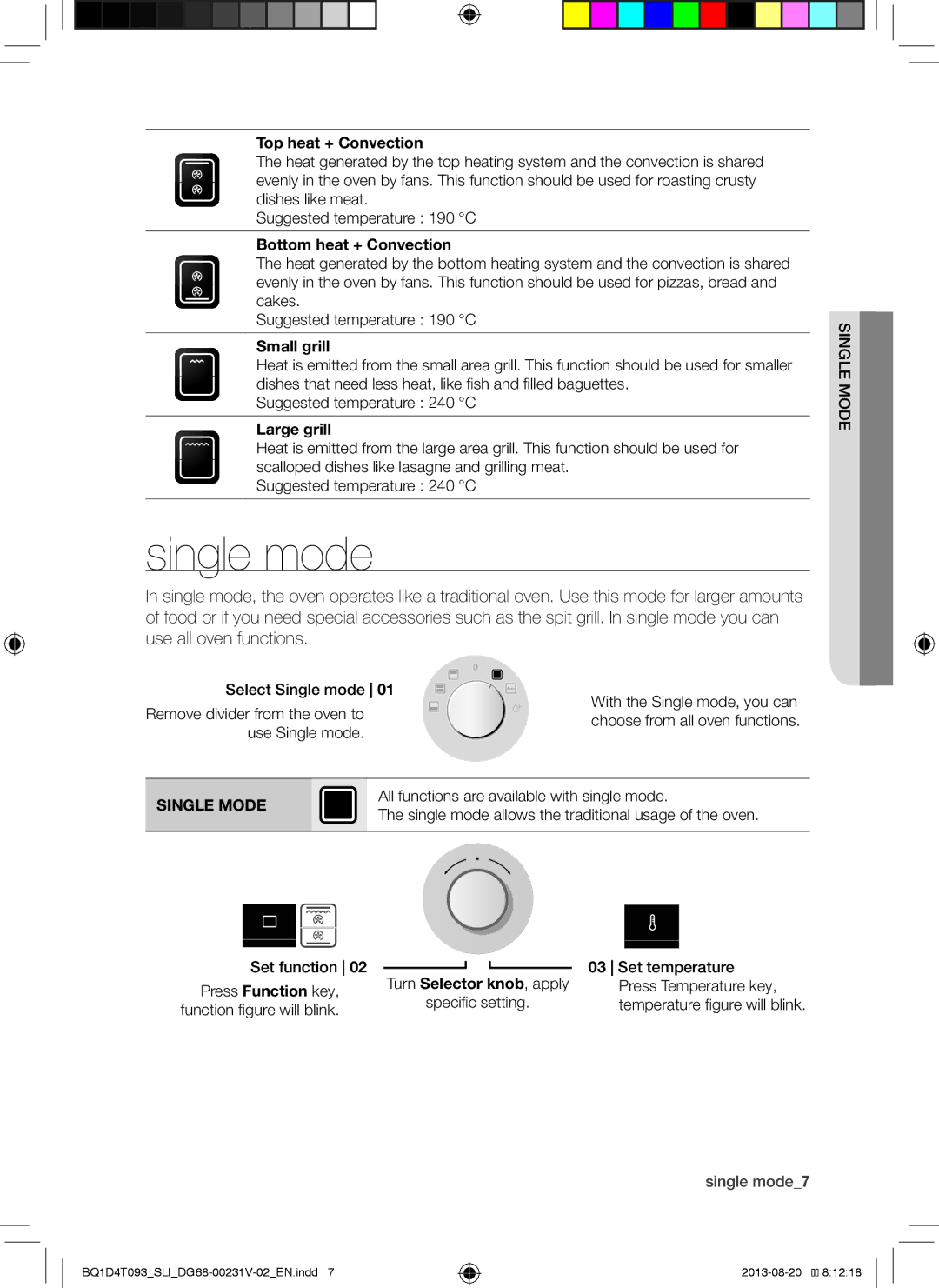 Samsung BQ1D4T093/SLI manual Single mode, Top heat + Convection, Bottom heat + Convection, Small grill, Large grill 