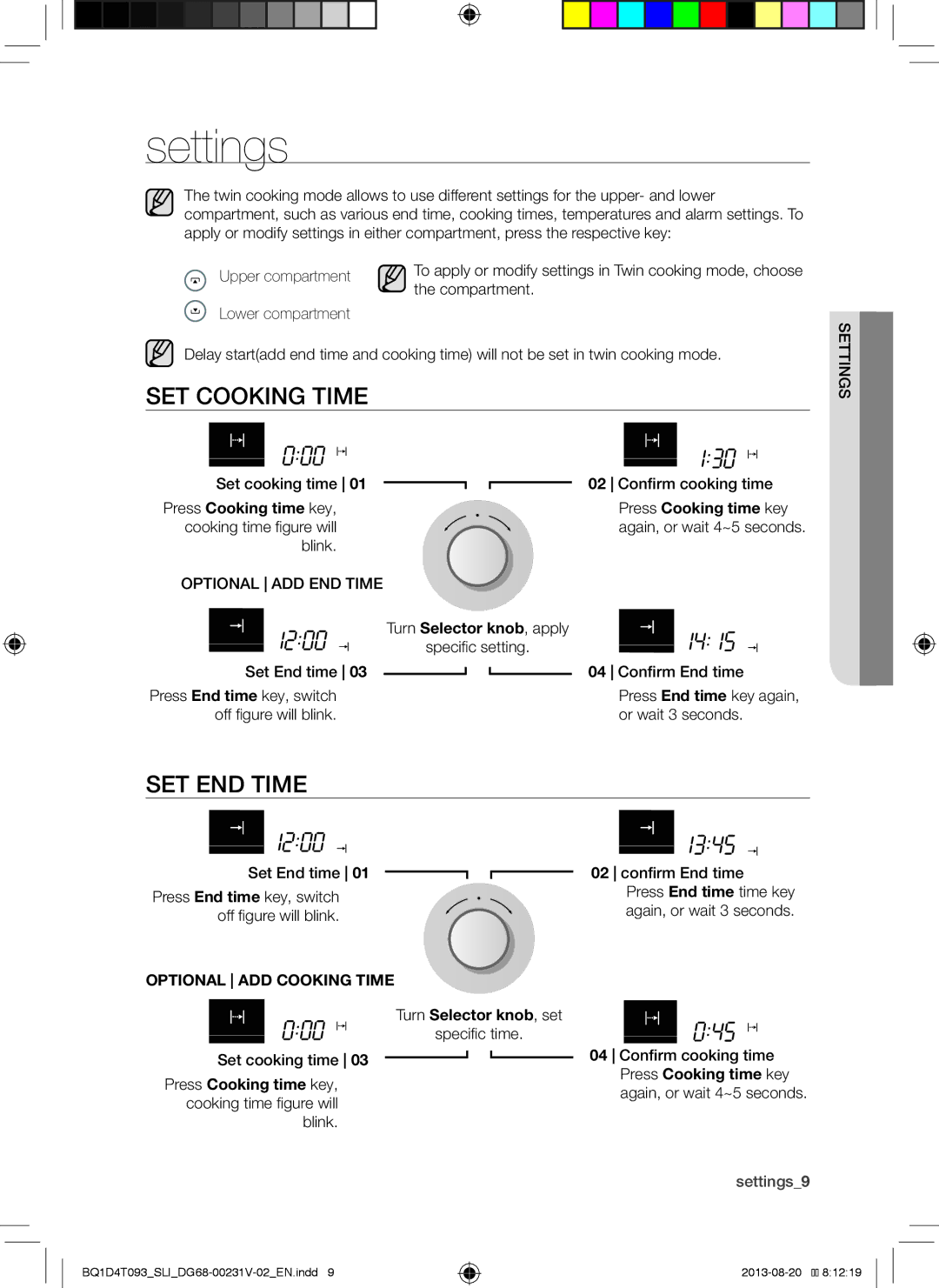 Samsung BQ1D4T093/SLI manual Settings, SET Cooking Time, SET END Time 