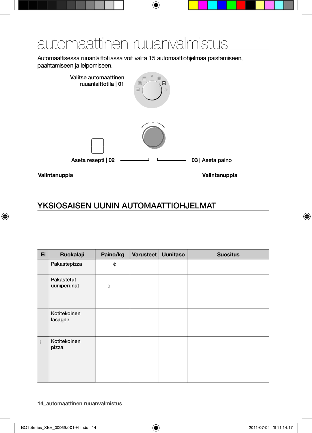 Samsung BQ1D4T144/XEE Automaattinen ruuanvalmistus, Yksiosaisen uunin automaattiohjelmat, Aseta paino, Ruokalaji Paino/kg 