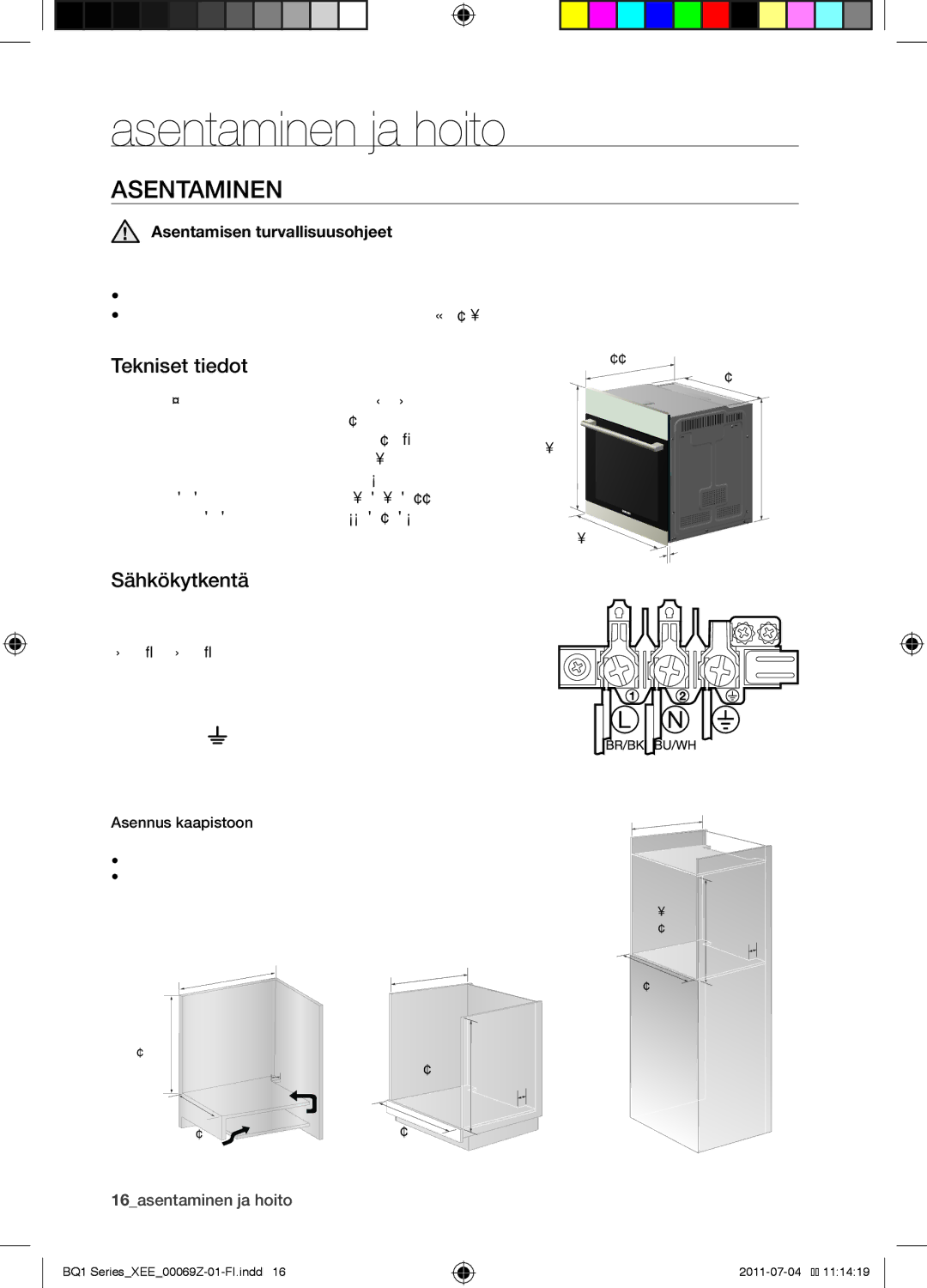 Samsung BQ1D4T144/XEE manual Asentaminen ja hoito, Tekniset tiedot, Sähkökytkentä, Asentamisen turvallisuusohjeet 