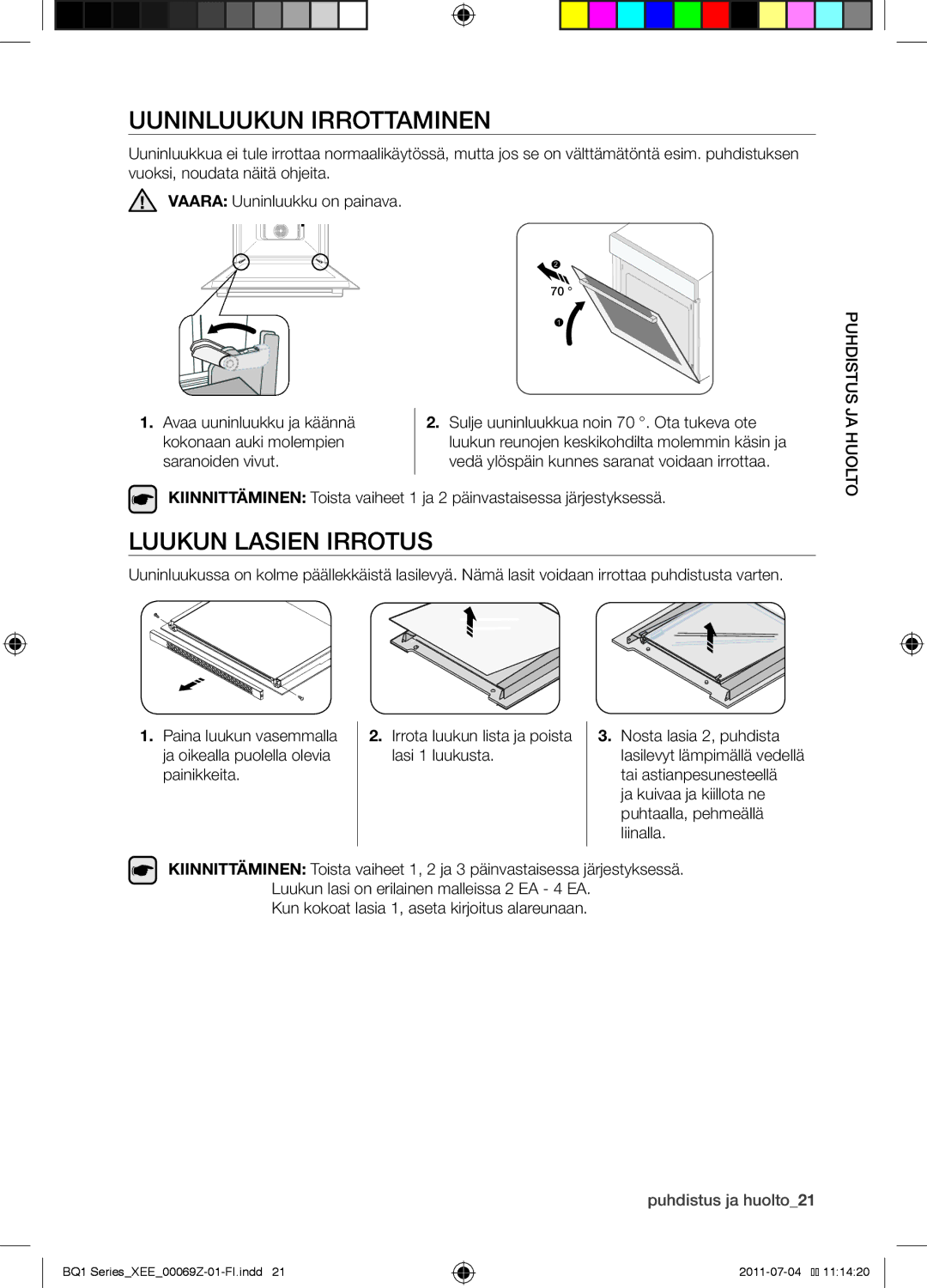 Samsung BQ1D4T144/XEE manual Uuninluukun irrottaminen, Luukun lasien irrotus 