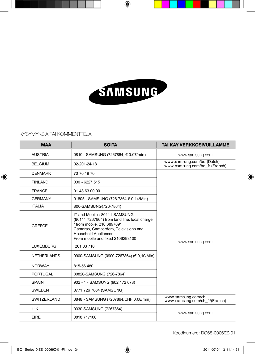 Samsung BQ1D4T144/XEE manual Koodinumero DG68-00069Z-01, Greece 