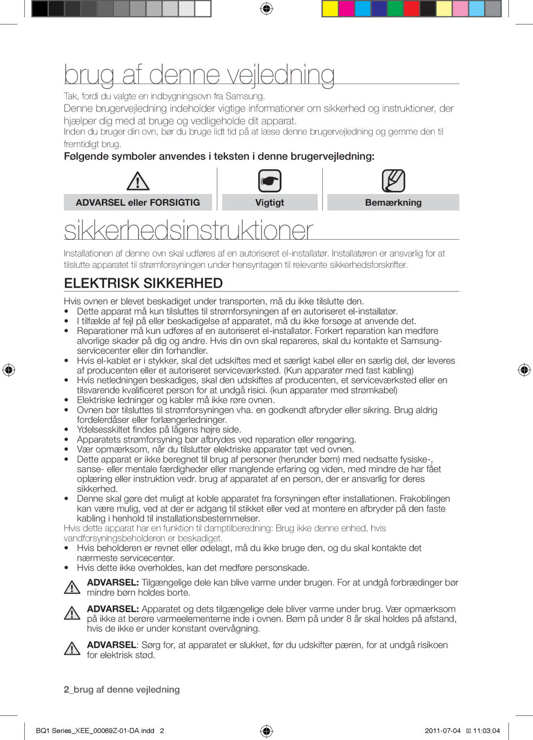 Samsung BQ1D4T144/XEE manual Brug af denne vejledning, Sikkerhedsinstruktioner, Elektrisk sikkerhed, Bemærkning 