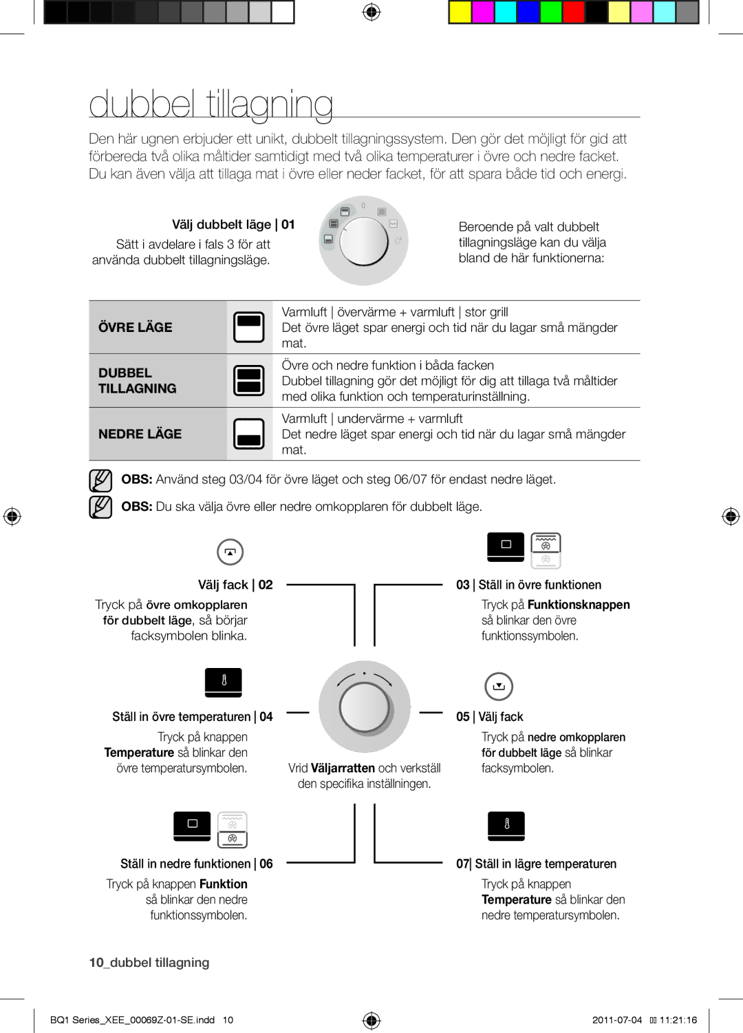 Samsung BQ1D4T144/XEE manual Dubbel tillagning, Övre och nedre funktion i båda facken, Tillagning 