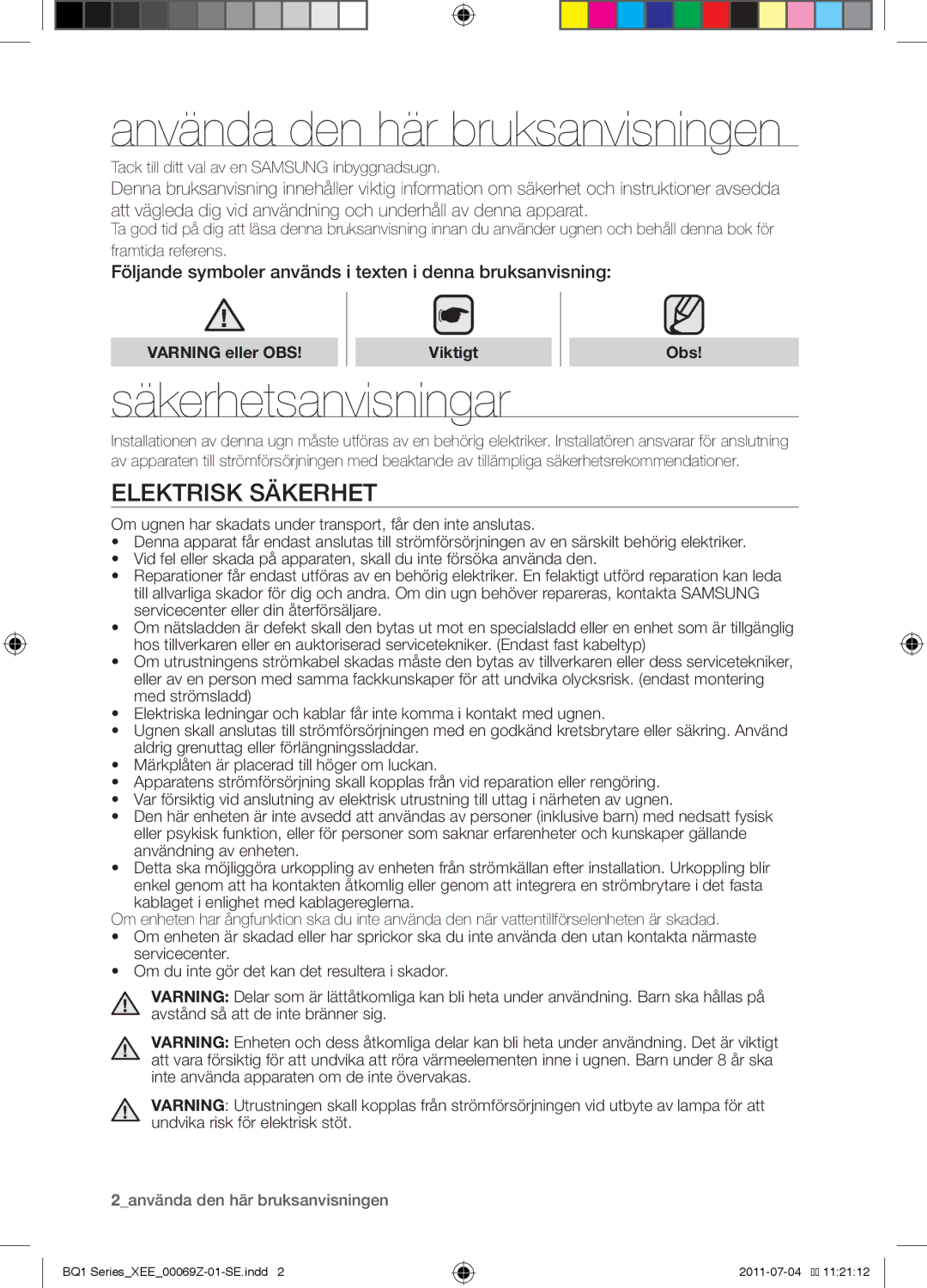 Samsung BQ1D4T144/XEE Använda den här bruksanvisningen, Säkerhetsanvisningar, Elektrisk säkerhet, Varning eller OBS, Obs 