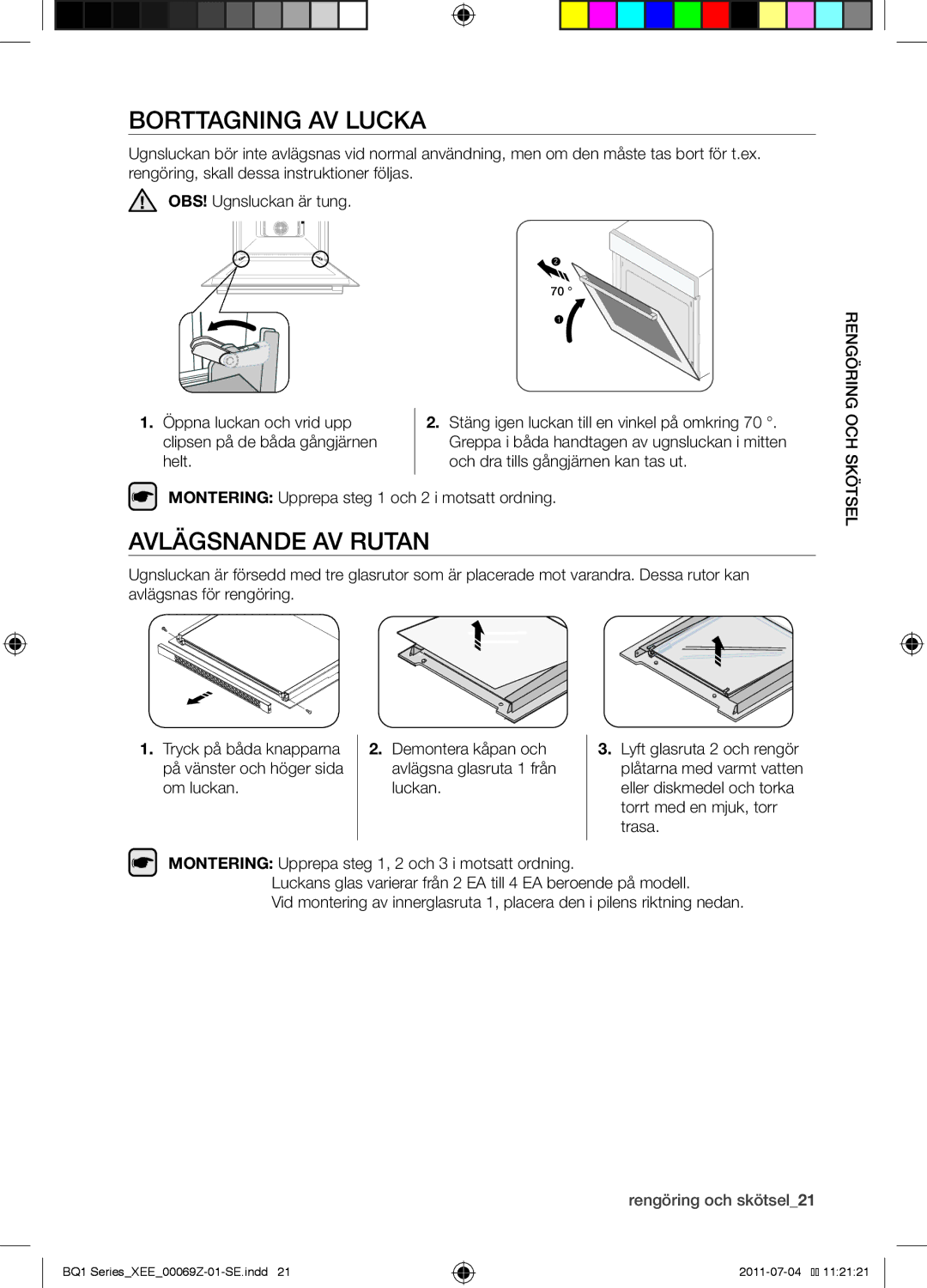 Samsung BQ1D4T144/XEE manual Borttagning av lucka, Avlägsnande av rutan 