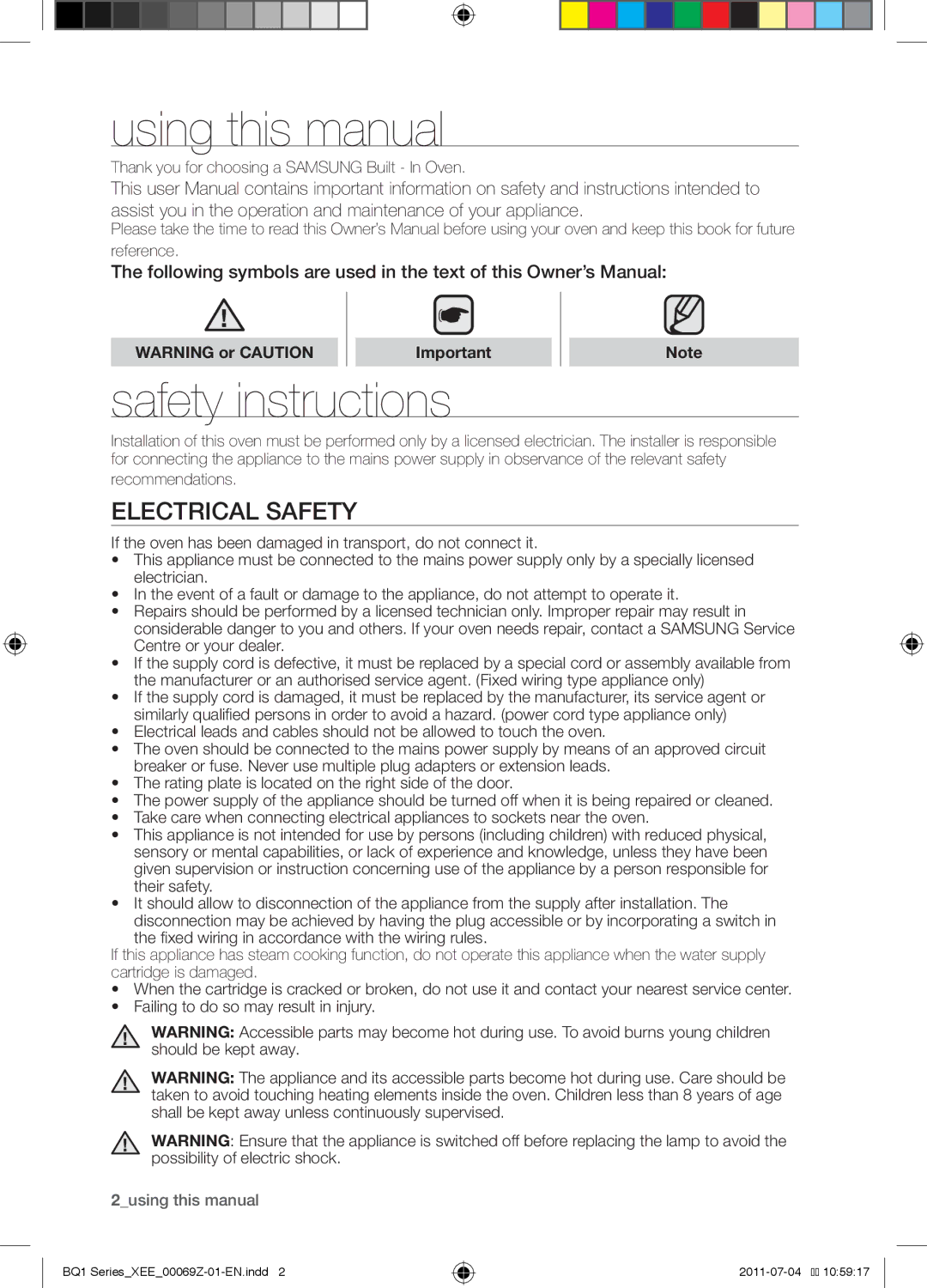 Samsung BQ1D4T144/XEE Using this manual, Safety instructions, Electrical safety 