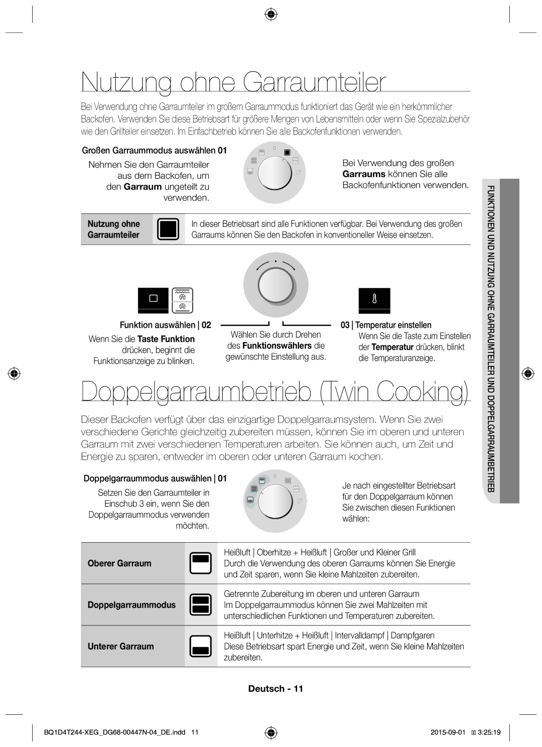 Samsung BQ1D4T244/XEG manual Nutzung ohne Garraumteiler, Doppelgarraumbetrieb Twin Cooking 