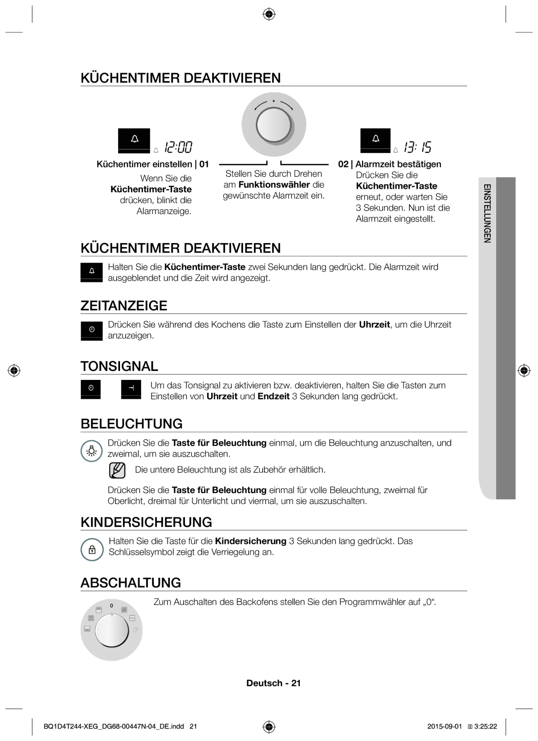 Samsung BQ1D4T244/XEG manual Küchentimer Deaktivieren, Zeitanzeige, Tonsignal, Beleuchtung, Kindersicherung, Abschaltung 