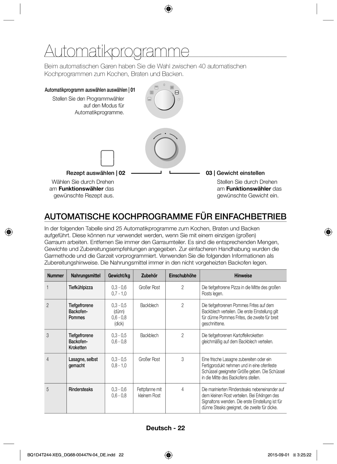 Samsung BQ1D4T244/XEG manual Automatikprogramme, Automatische Kochprogramme FÜR Einfachbetrieb, Rezept auswählen 