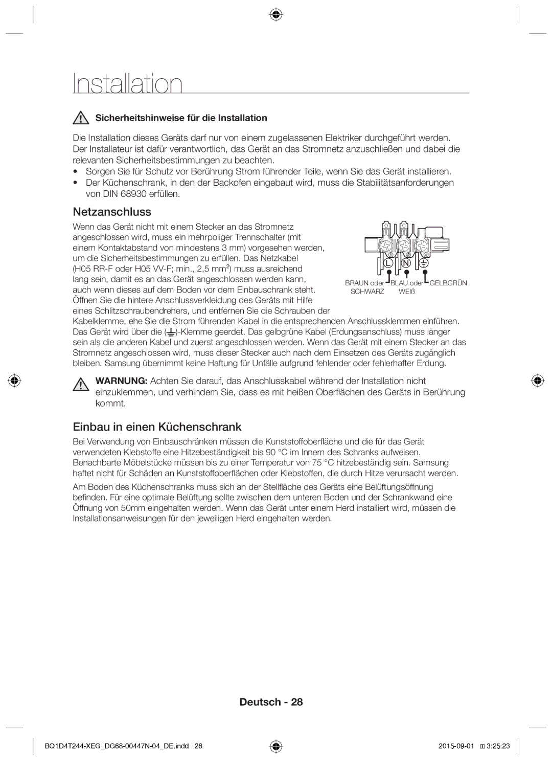 Samsung BQ1D4T244/XEG manual Netzanschluss, Einbau in einen Küchenschrank, Sicherheitshinweise für die Installation 