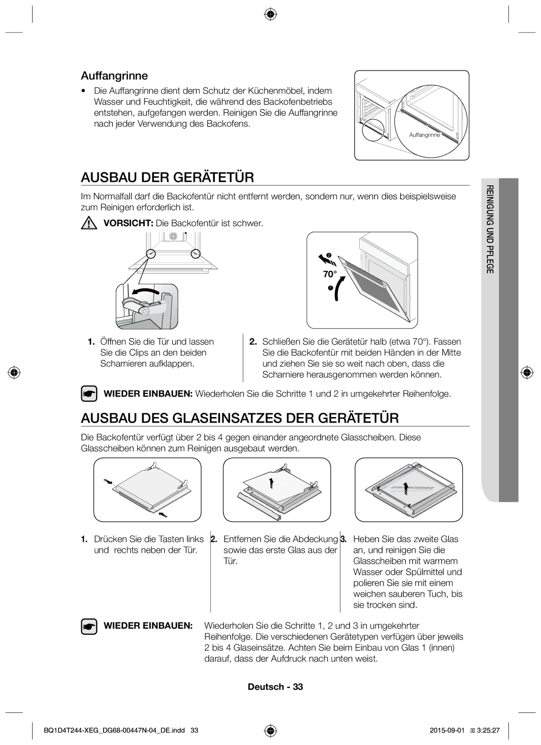 Samsung BQ1D4T244/XEG manual Ausbau DER Gerätetür, Ausbau DES Glaseinsatzes DER Gerätetür, Auffangrinne 