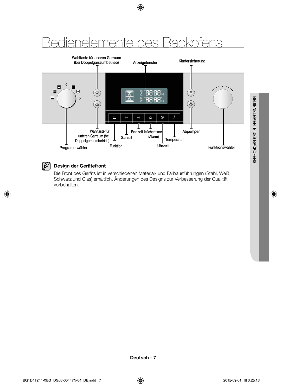 Samsung BQ1D4T244/XEG manual Bedienelemente des Backofens, Design der Gerätefront 