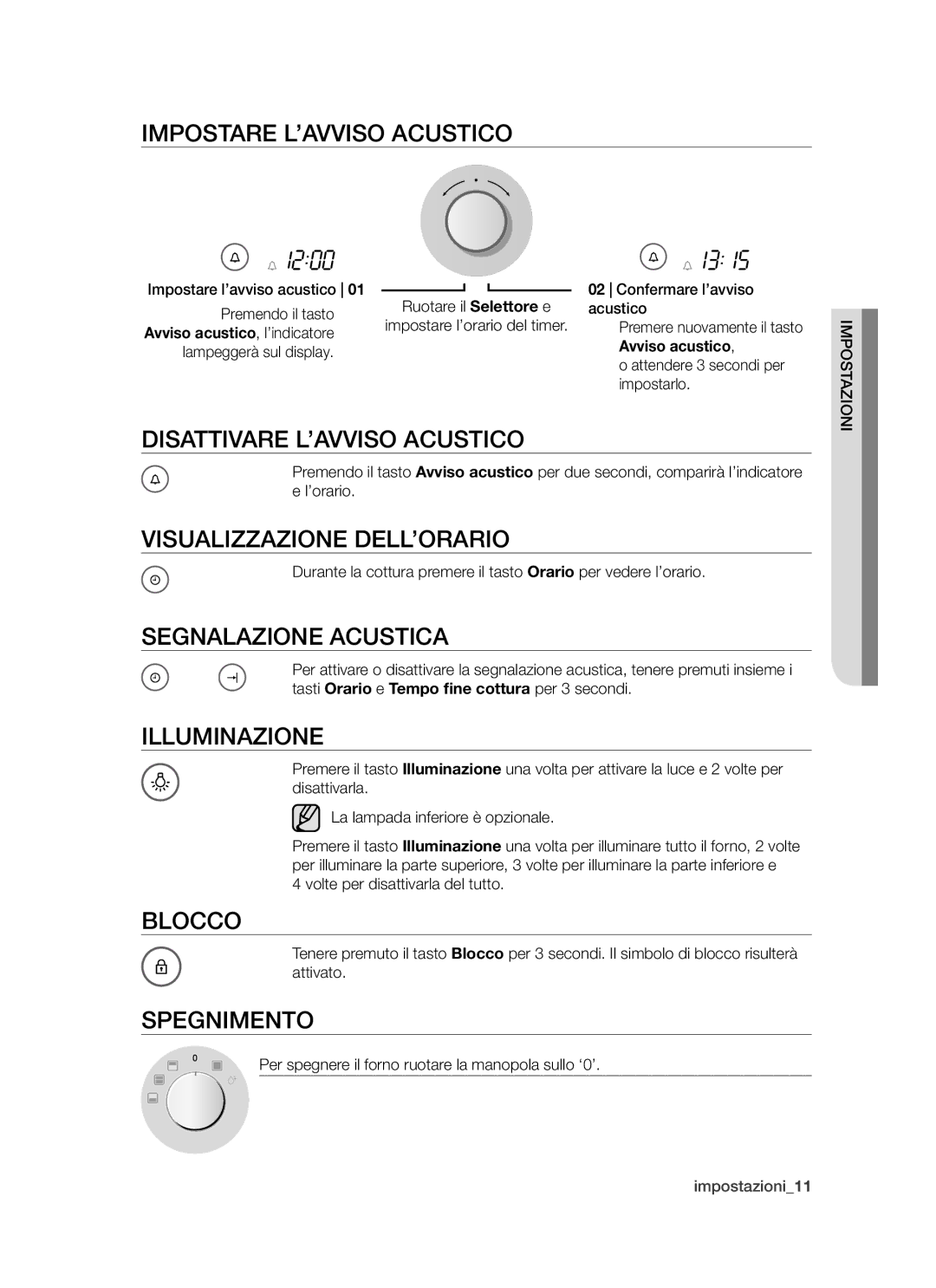 Samsung BQ1D4T006/XET Impostare l’avviso acustico, Disattivare l’avviso acustico, Visualizzazione dell’orario, Blocco 