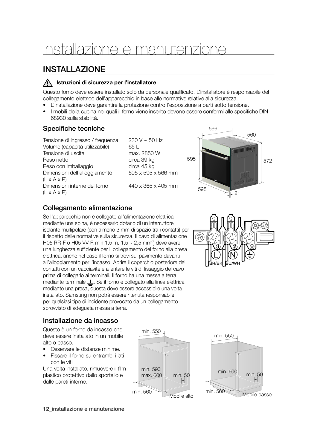 Samsung BQ1D6T005/XET, BQ1S4T007/XET manual Installazione e manutenzione, Specifiche tecniche, Collegamento alimentazione 