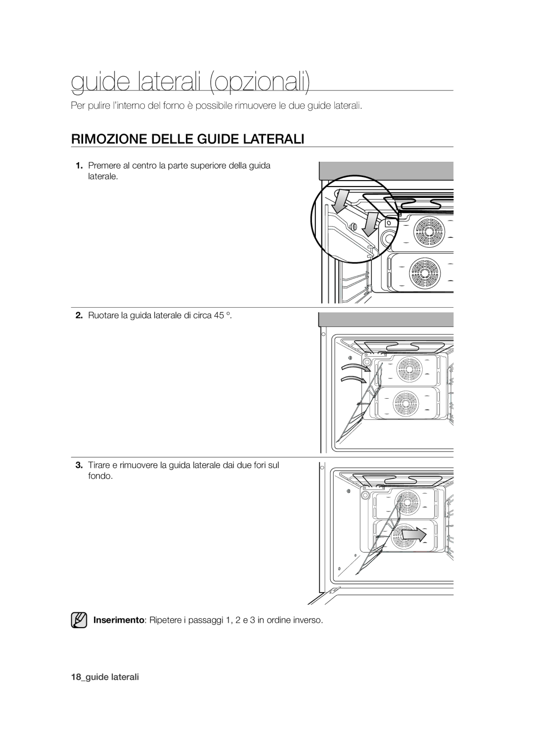 Samsung BQ1D6T005/XET, BQ1S4T007/XET, BQ1D4T006/XET manual Guide laterali opzionali, Rimozione delle guide laterali 