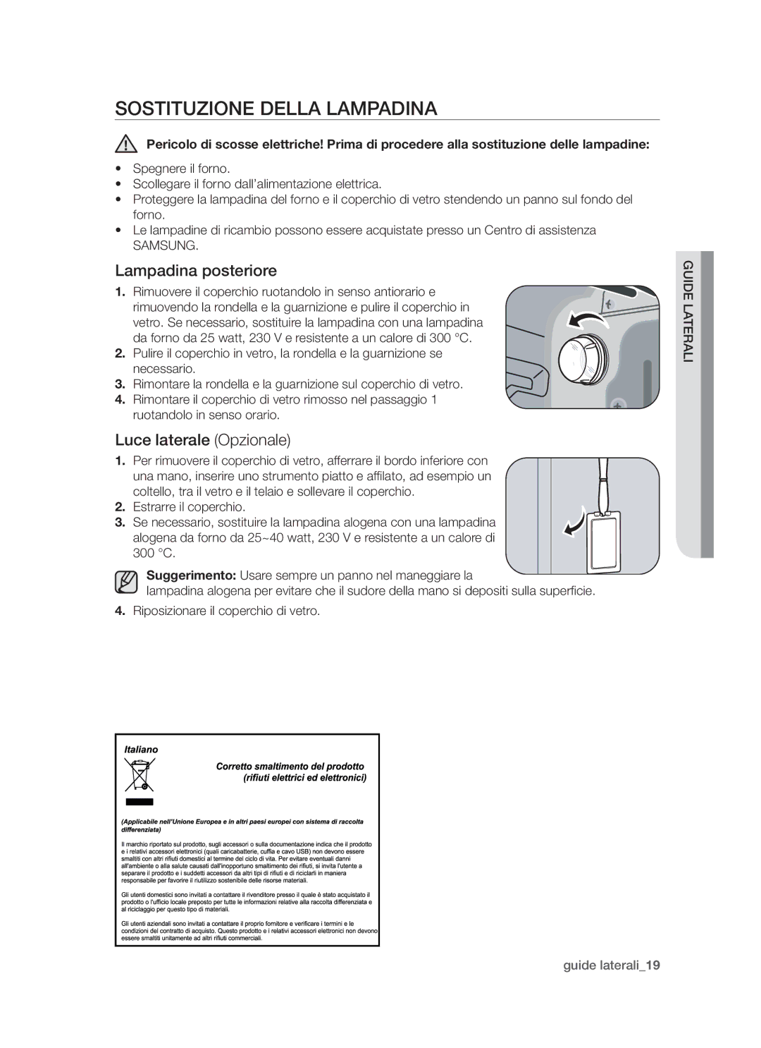 Samsung BQ1S4T007/XET, BQ1D6T005/XET manual Sostituzione della lampadina, Lampadina posteriore, Luce laterale Opzionale 