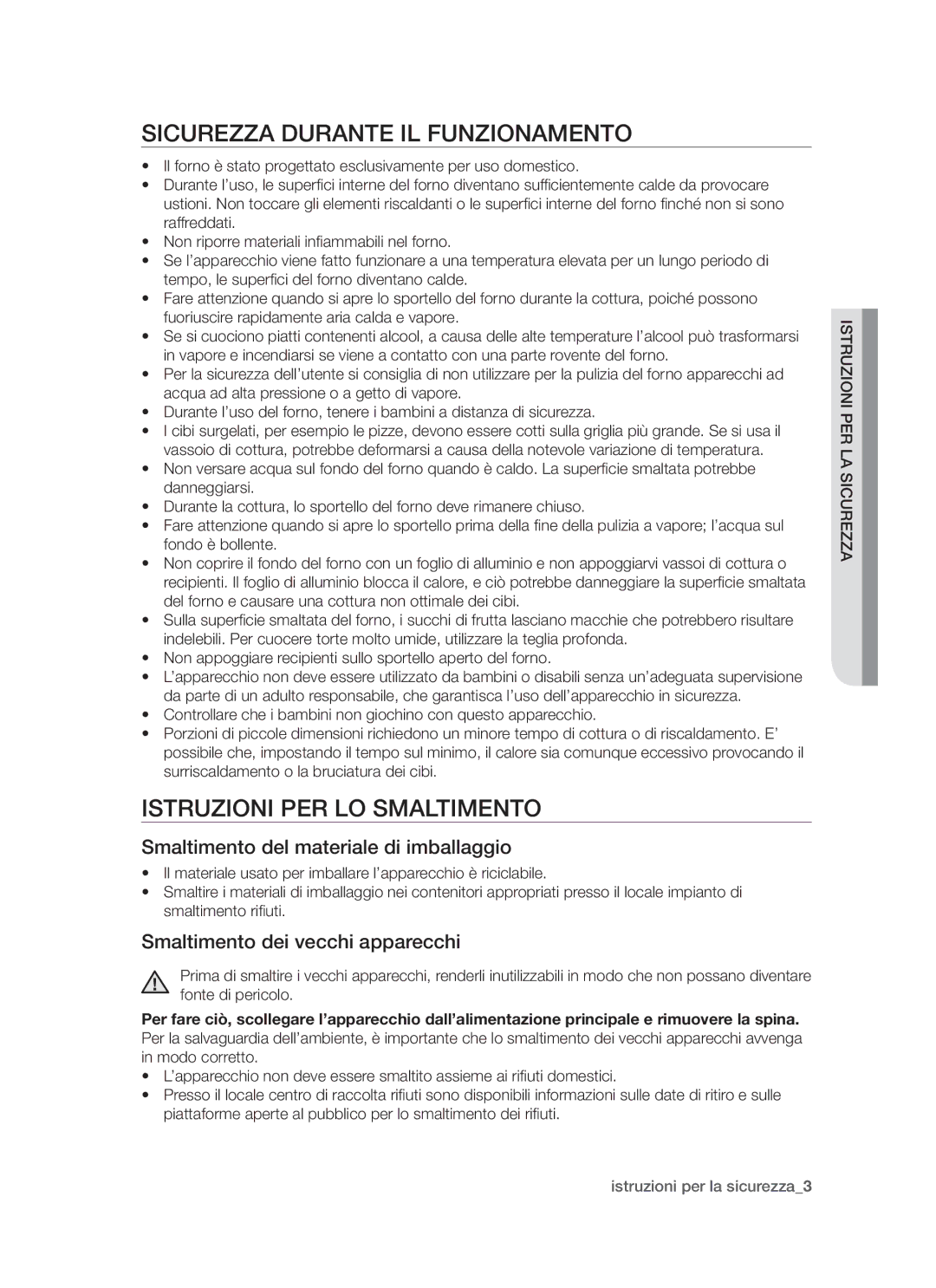 Samsung BQ1D6T005/XET Sicurezza durante il funzionamento, Istruzioni per lo smaltimento, Smaltimento dei vecchi apparecchi 