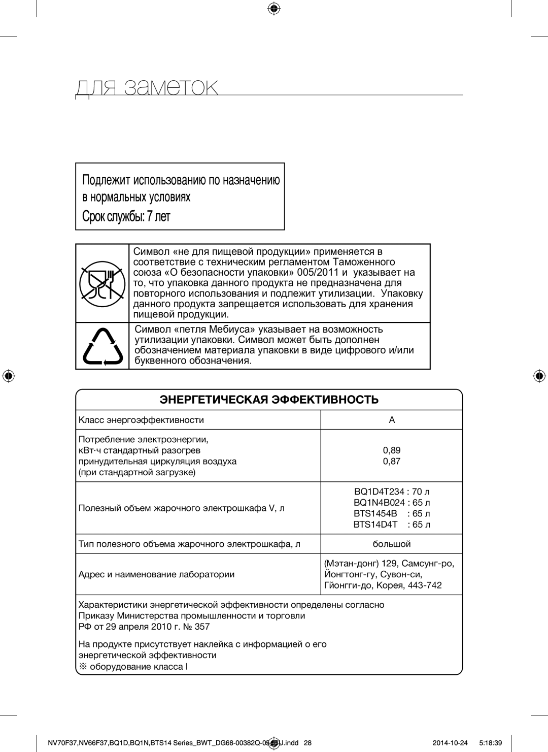 Samsung BTS14D4T/BWT, BQ1N4B024/BWT, BTS1454B/BWT manual Для заметок, 65 л 