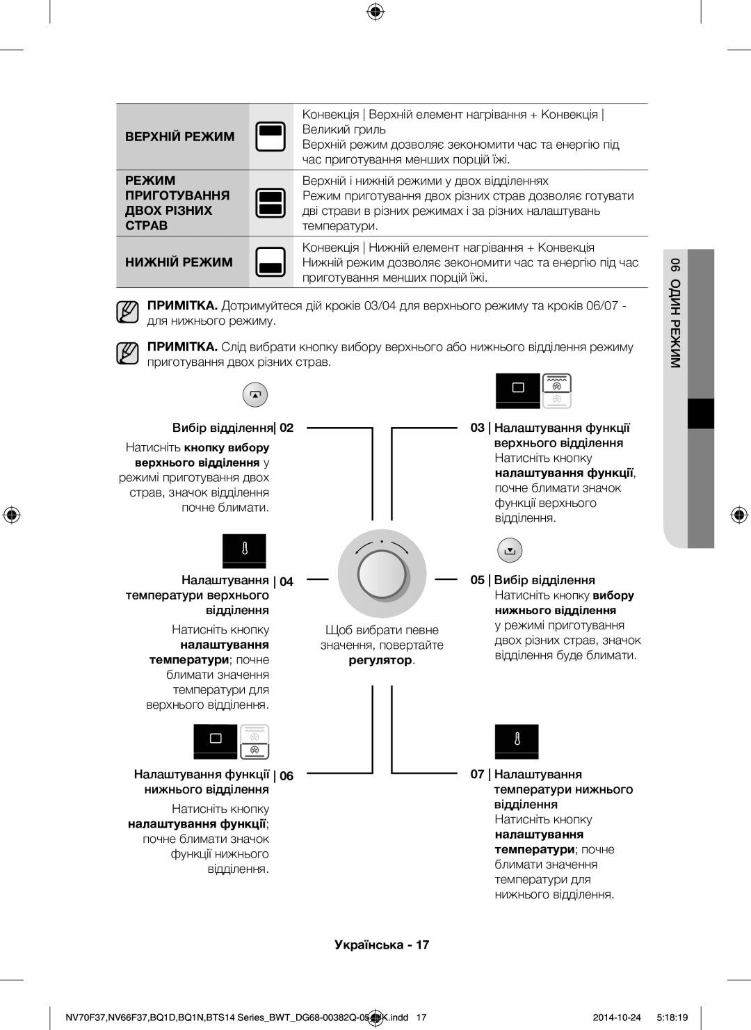 Samsung BTS14D4T/BWT, BQ1N4B024/BWT, BTS1454B/BWT manual Верхній Режим, Приготування, Двох Різних, Страв, Нижній Режим 