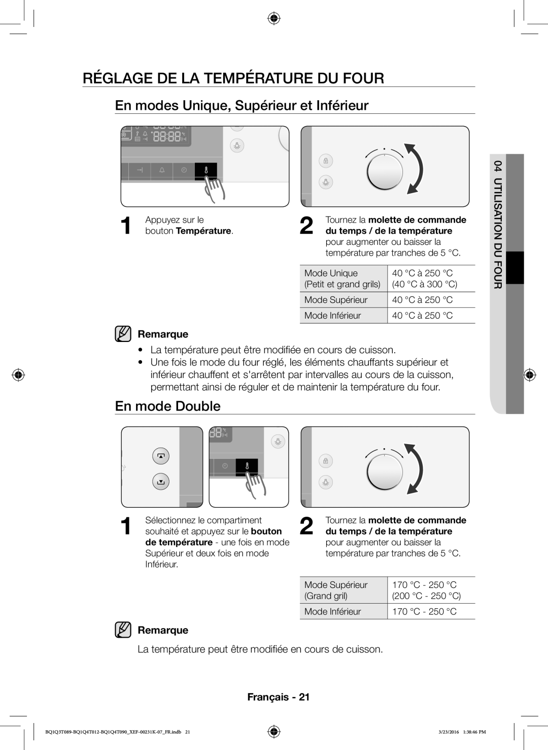 Samsung BQ1Q4T012/XEF manual Réglage DE LA Température DU Four, En modes Unique, Supérieur et Inférieur, En mode Double 