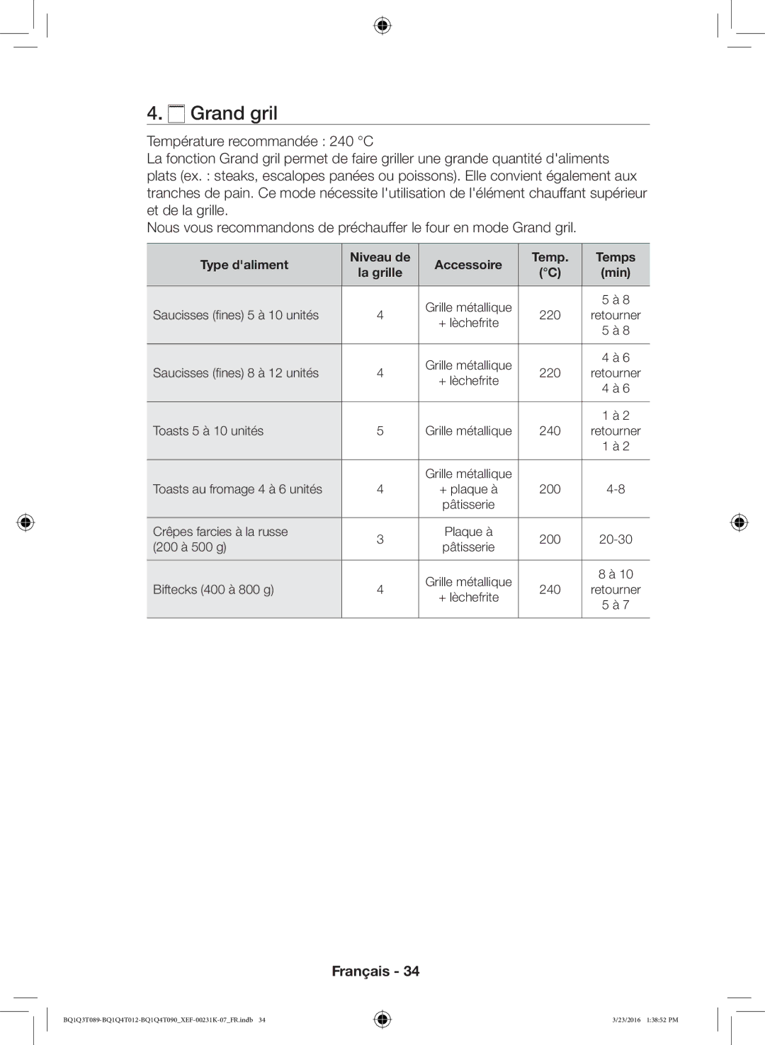 Samsung BQ1Q4T090/XEF, BQ1Q4T012/XEF, BQ1Q3T089/XEF manual Grand gril 