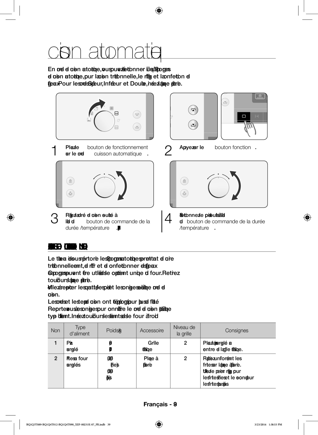 Samsung BQ1Q4T012/XEF Cuisson automatique, Placez le bouton de fonctionnement, Sur le mode cuisson automatique, Consignes 