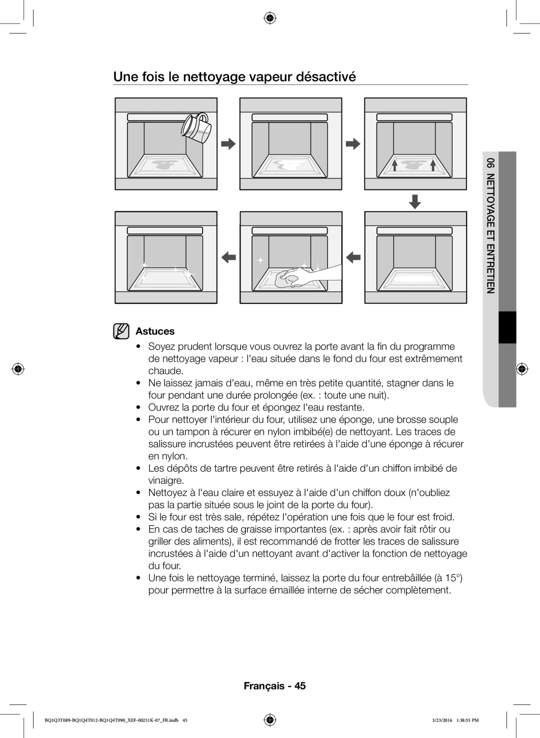 Samsung BQ1Q4T012/XEF, BQ1Q4T090/XEF, BQ1Q3T089/XEF manual Une fois le nettoyage vapeur désactivé, Astuces 