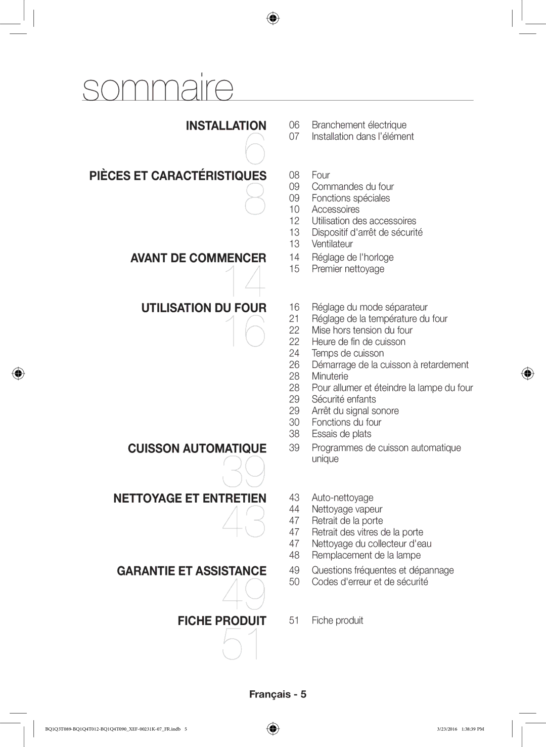 Samsung BQ1Q3T089/XEF, BQ1Q4T012/XEF, BQ1Q4T090/XEF manual Sommaire, Avant DE Commencer Utilisation DU Four 