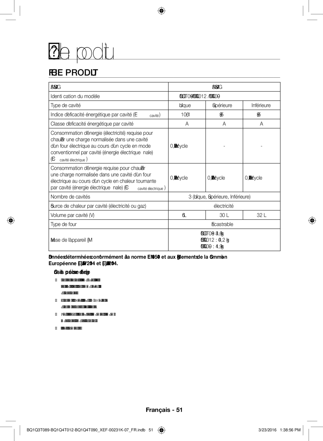 Samsung BQ1Q4T012/XEF, BQ1Q4T090/XEF, BQ1Q3T089/XEF Fiche produit, Fiche Produit,  Conseils pour économiser de l’énergie 