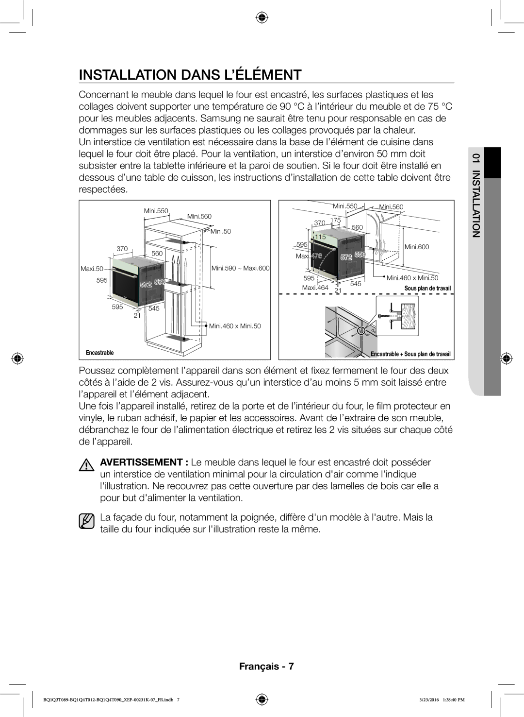 Samsung BQ1Q4T090/XEF, BQ1Q4T012/XEF, BQ1Q3T089/XEF manual Installation Dans L’ÉLÉMENT 